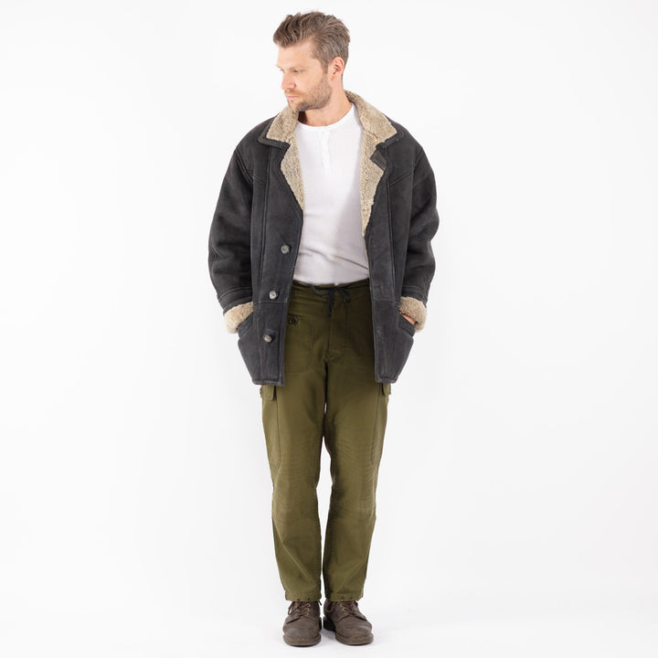 Vintage 80's Men Sheepskin Coat in Black - NorthernGrip