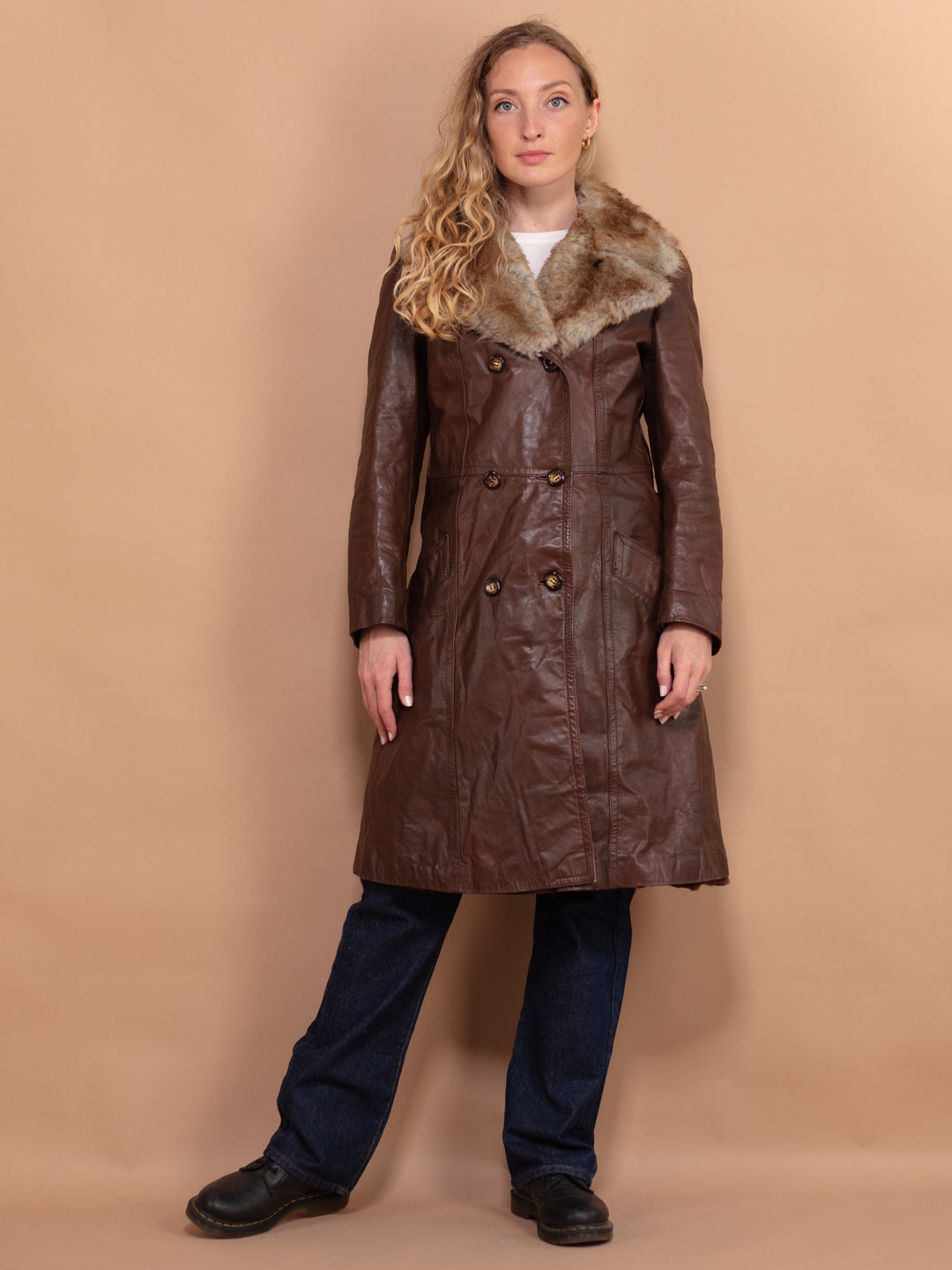Vintage 70's Women Leather Fur Coat in Brown - NorthernGrip