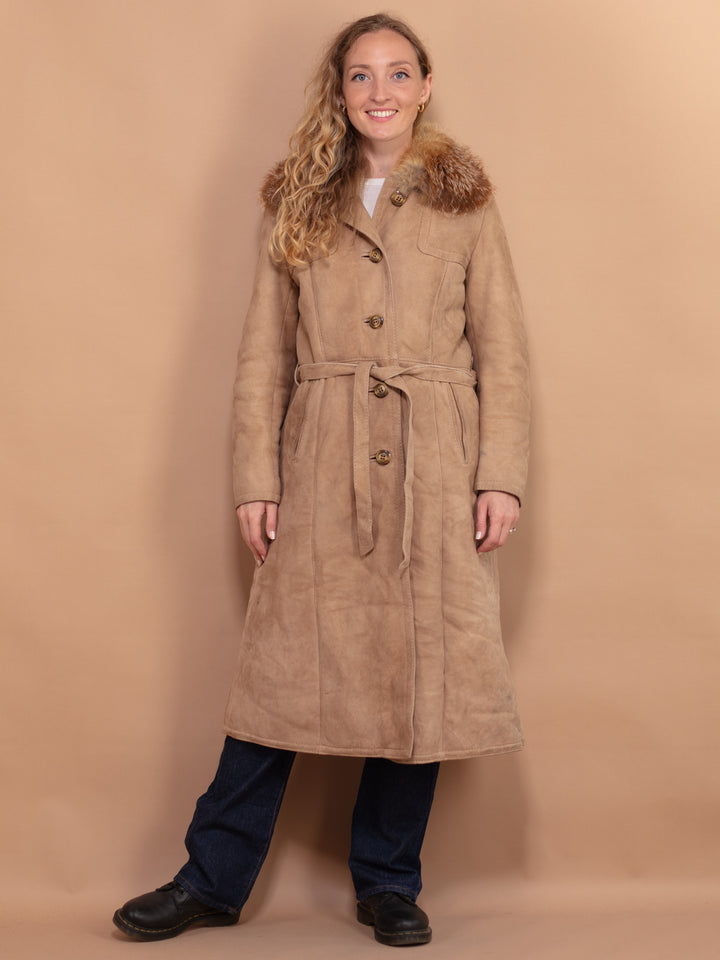 Vintage 70's Women Belted Sheepskin Longline Coat in Beige - NorthernGrip