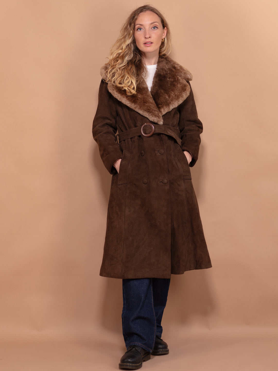 Vintage 70's Women Suede Shearling Coat in Brown - NorthernGrip