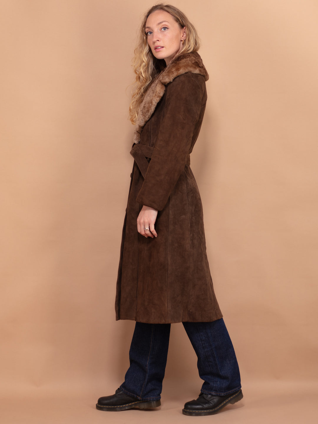 Vintage 70's Women Suede Shearling Coat in Brown - NorthernGrip