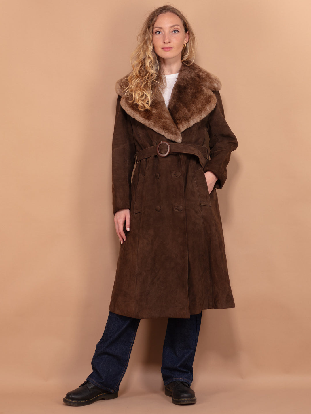 Vintage 70's Women Suede Shearling Coat in Brown - NorthernGrip