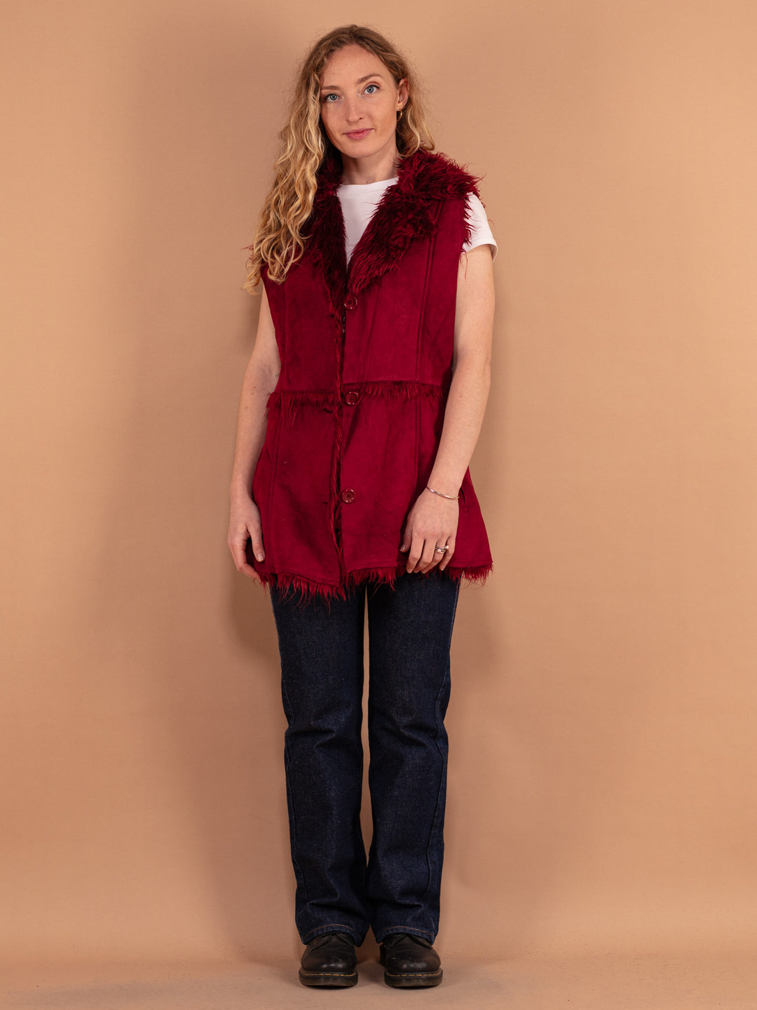 Vintage 00's Women Faux Fur Lined Vest in Burgundy Red - NorthernGrip