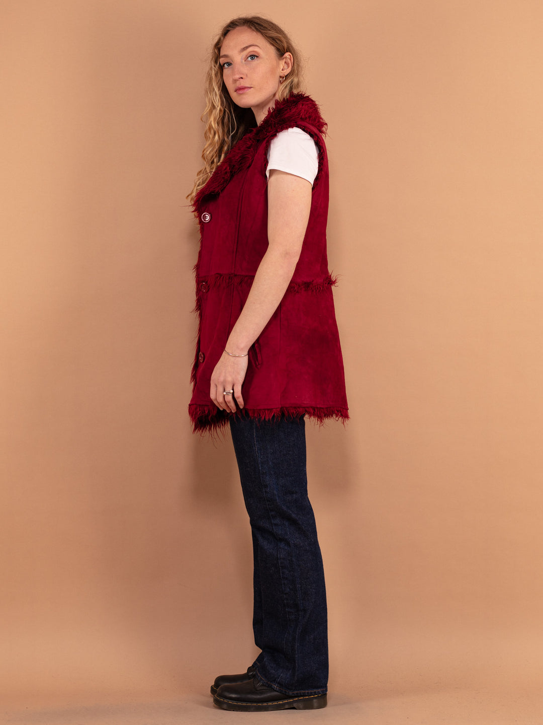 Vintage 00's Women Faux Fur Lined Vest in Burgundy Red - NorthernGrip