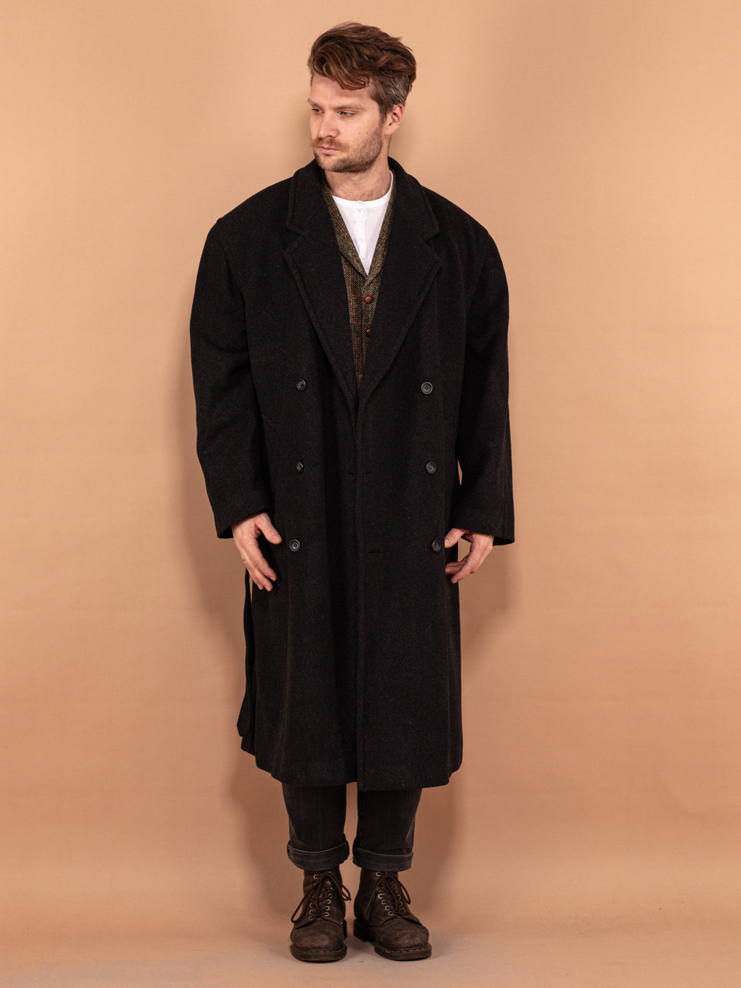 Vintage 00's Men Belted Wool Coat in Dark Grey - NorthernGrip