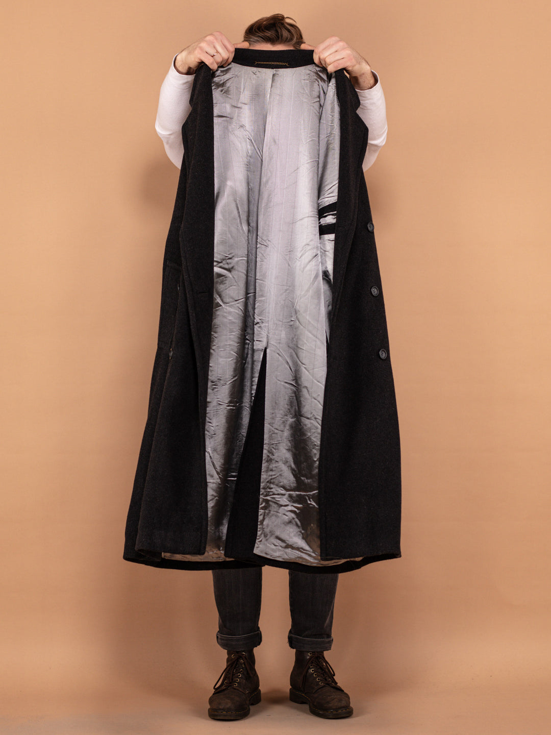 Vintage 00's Men Belted Wool Coat in Dark Grey - NorthernGrip