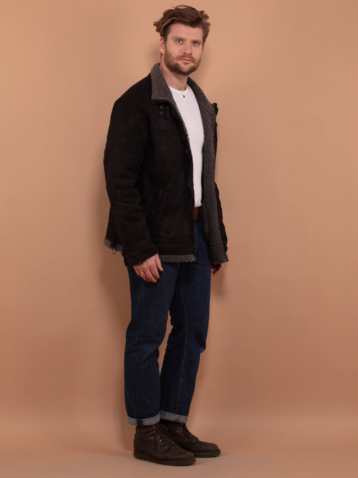Vintage 00's Men Faux Sheepskin Jacket in Black - NorthernGrip