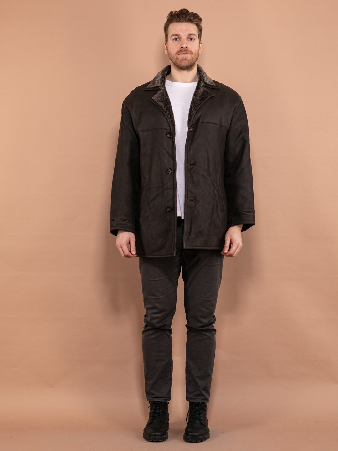 Vintage 00's Men Shearling Leather Coat in Dark Brown - NorthernGrip