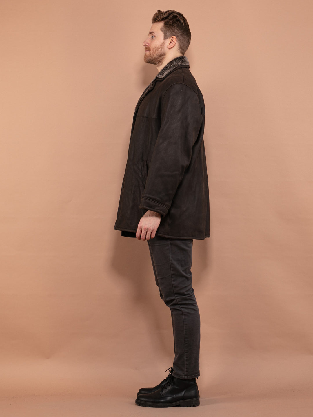 Vintage 00's Men Shearling Leather Coat in Dark Brown - NorthernGrip