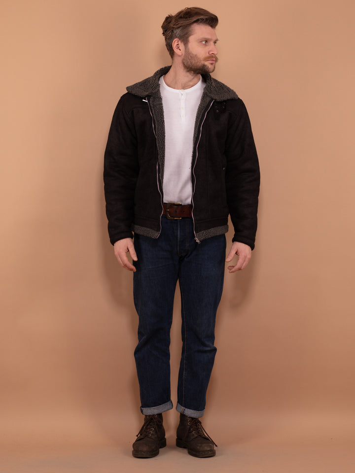 Vintage 00's Men Faux Sheepskin Bomber Jacket in Black - NorthernGrip