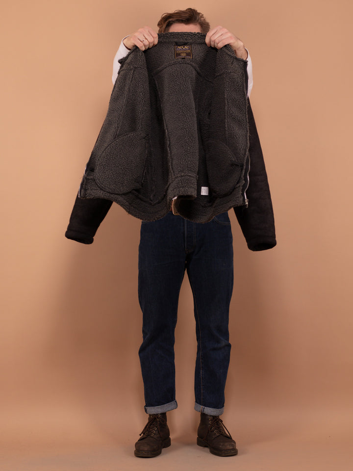 Vintage 00's Men Faux Sheepskin Bomber Jacket in Black - NorthernGrip