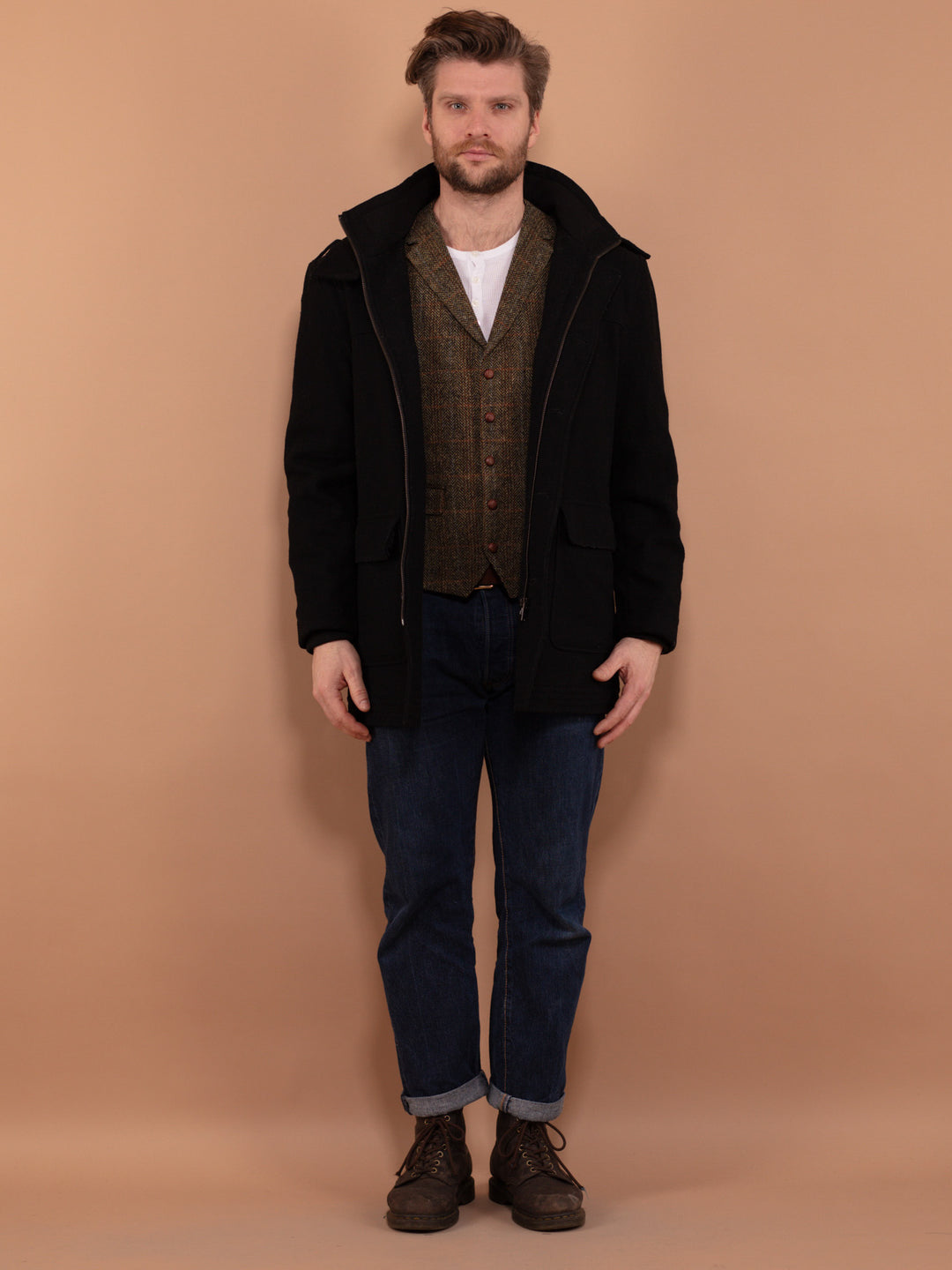 Vintage 00's Men Hooded Wool Blend Jacket in Black - NorthernGrip