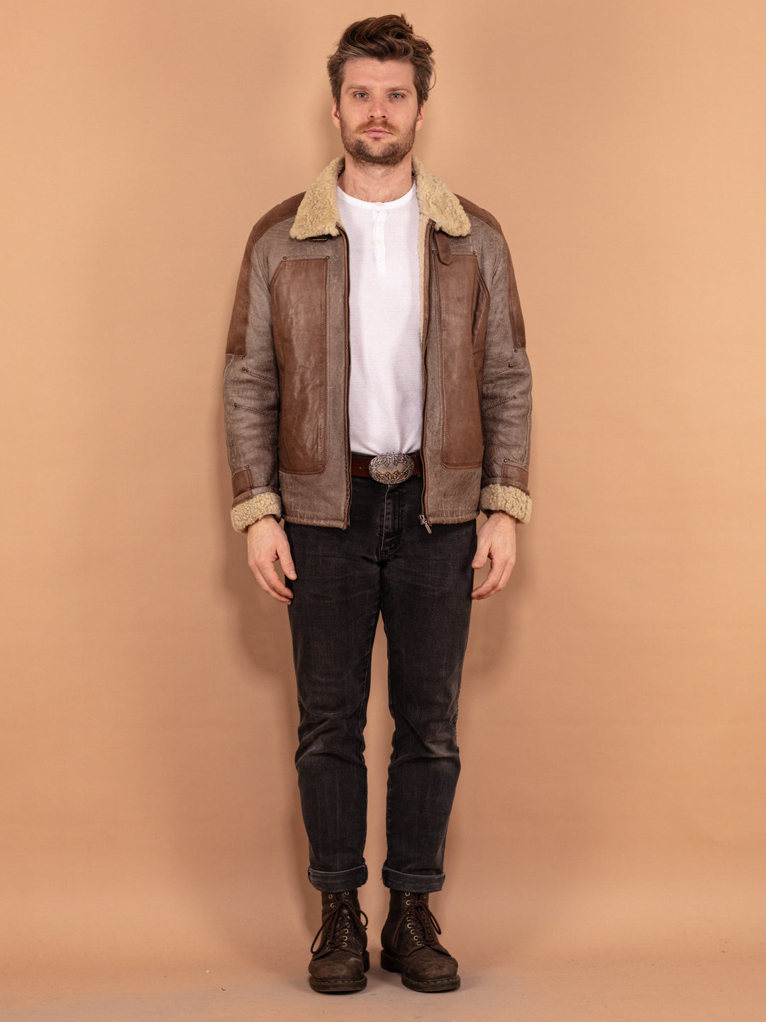 Vintage 00's Men Lagerfeld Sheepskin Bomber Jacket in Brown - NorthernGrip