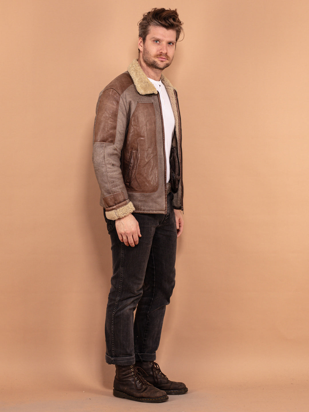 Vintage 00's Men Lagerfeld Sheepskin Bomber Jacket in Brown - NorthernGrip
