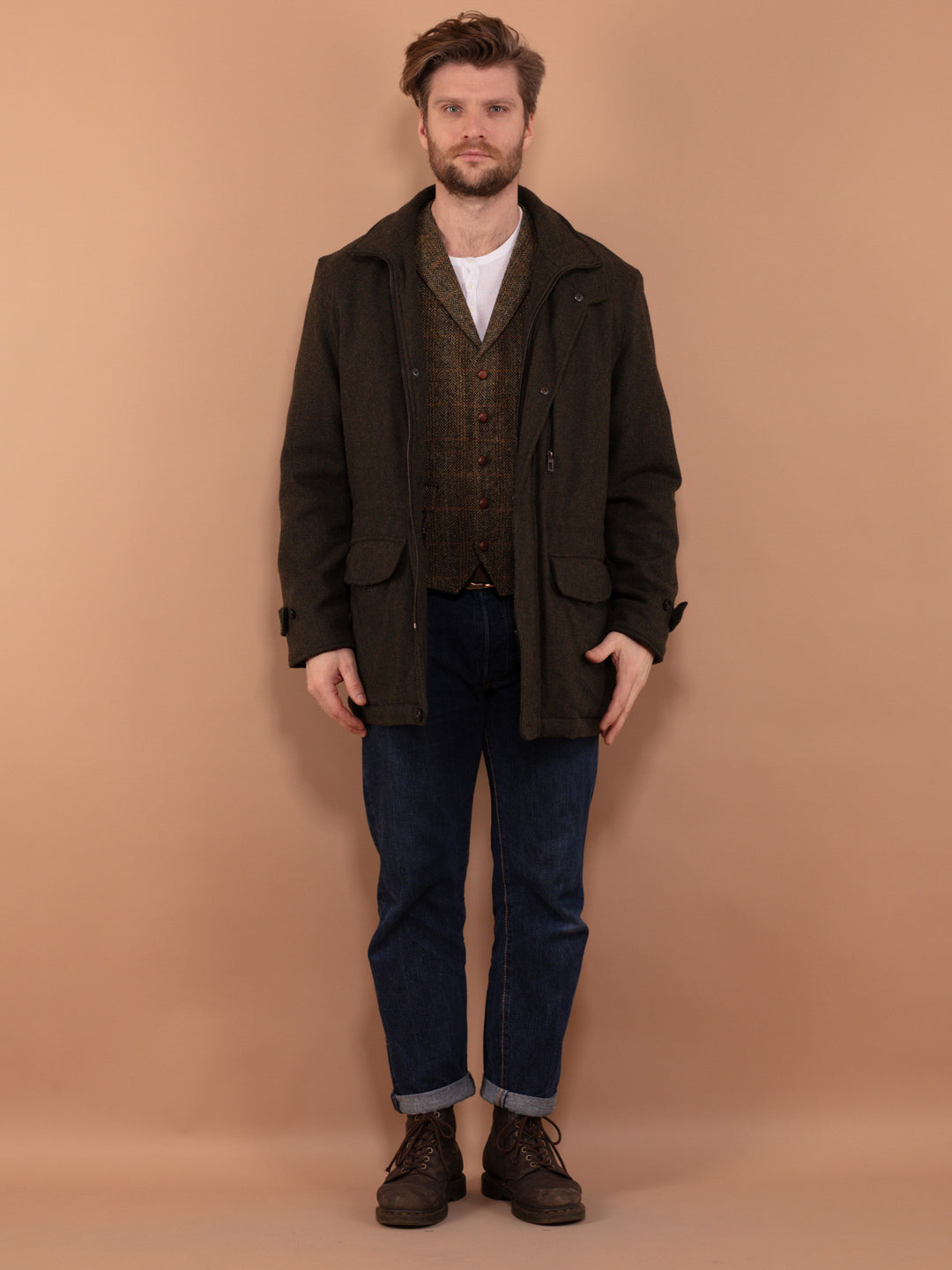 Vintage 00's Men Wool Blend Parka Jacket in Khaki Green - NorthernGrip