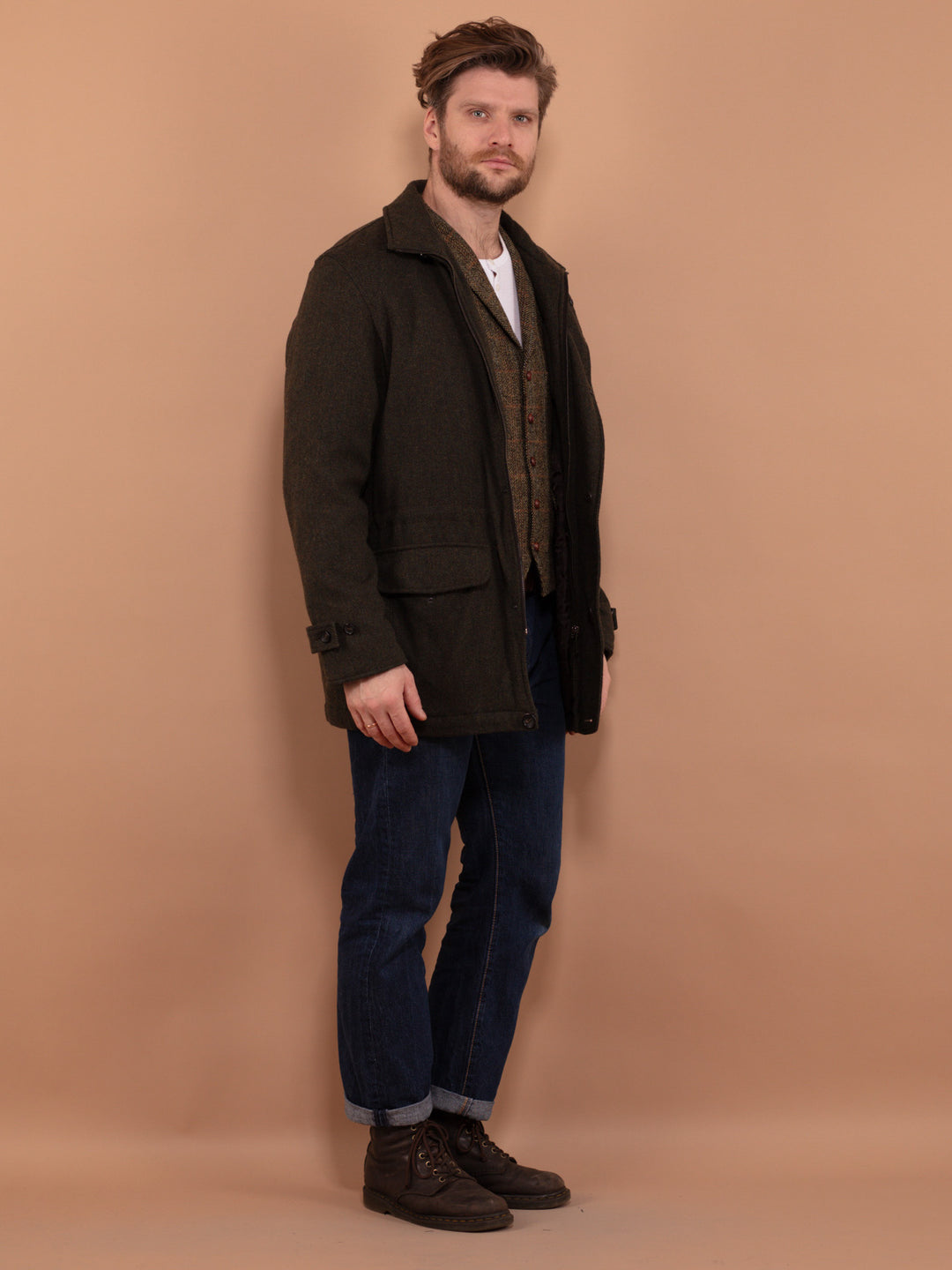 Vintage 00's Men Wool Blend Parka Jacket in Khaki Green - NorthernGrip