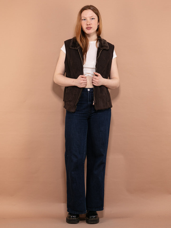 Vintage 00's Women Zip Up Sherpa Vest in Brown - NorthernGrip