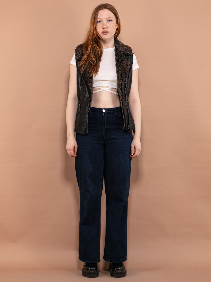 Vintage 00's Women Faux Leather Sherpa Vest in Black - NorthernGrip
