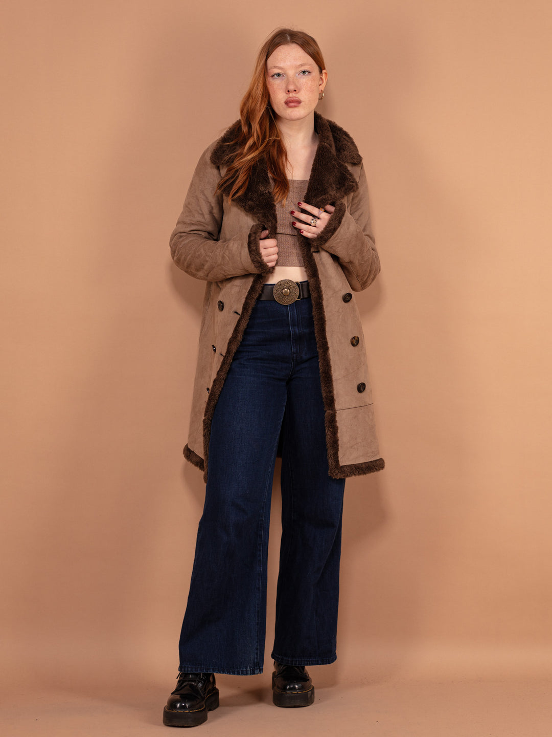 Vintage 00's Women Faux Sheepskin Coat in Brown - NorthernGrip