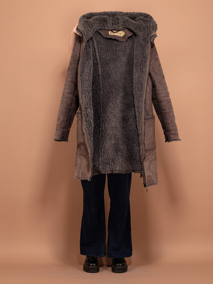 Vintage 00's Women Hooded Winter Sherpa Coat in Grey - NorthernGrip