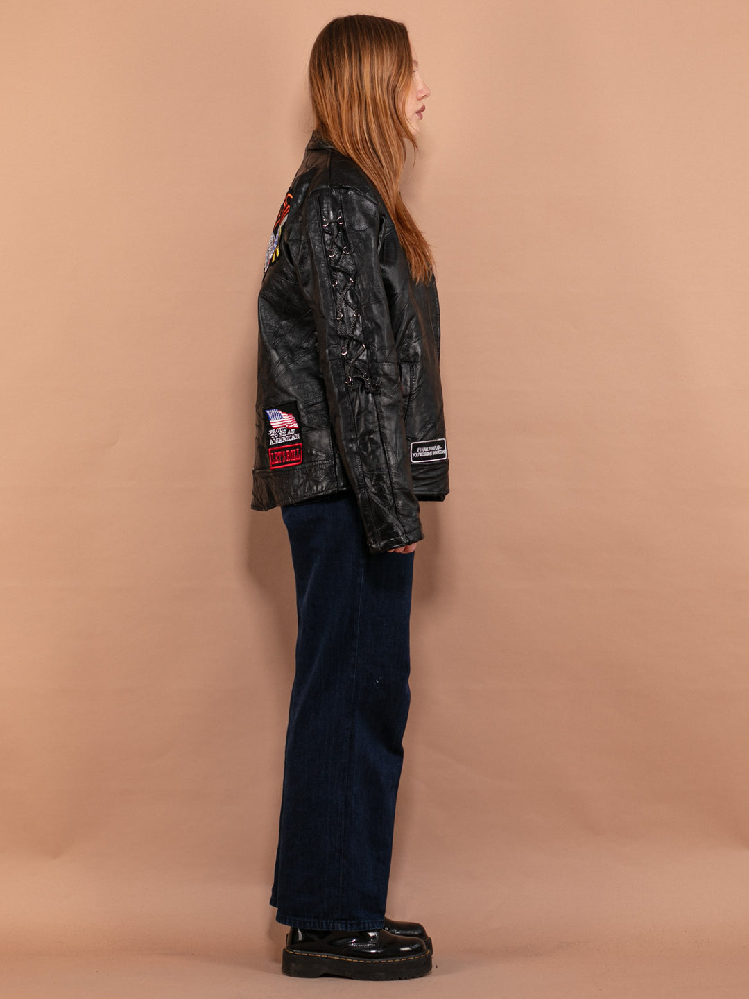 Vintage 00's Women Leather Biker Jacket with Patches - NorthernGrip