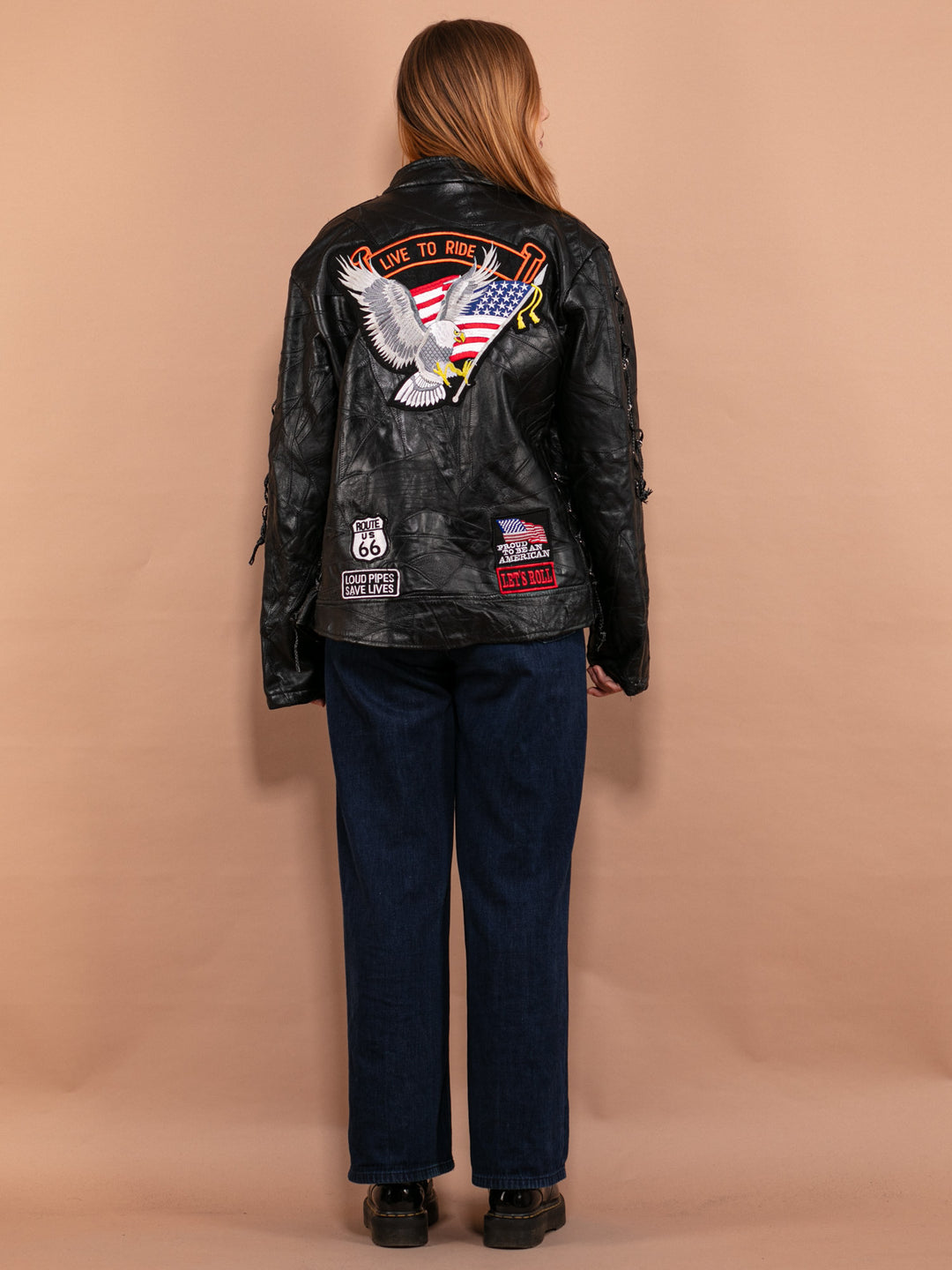 Vintage 00's Women Leather Biker Jacket with Patches - NorthernGrip
