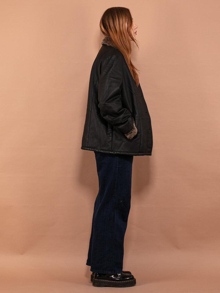 Vintage 00's Leather Sherpa Coat in Black - NorthernGrip