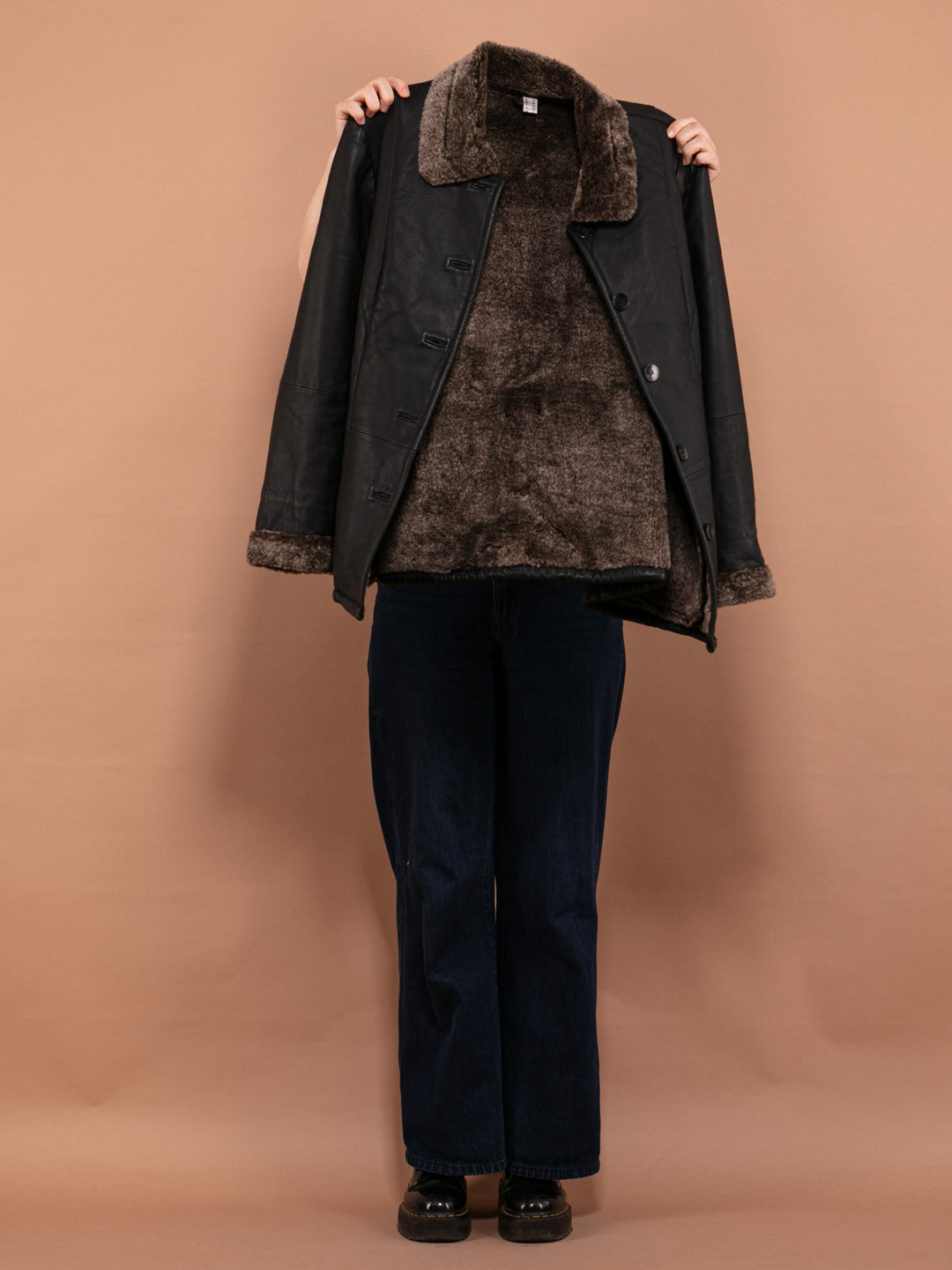 Vintage 00's Leather Sherpa Coat in Black - NorthernGrip