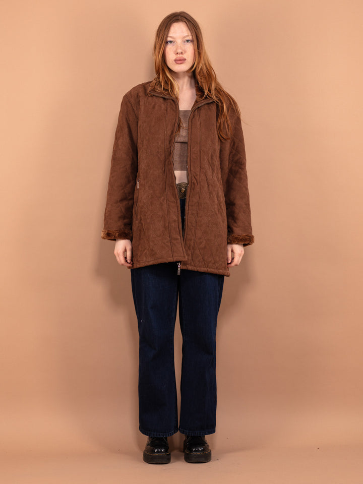Vintage 00's Women Quilted Faux Suede Jacket in Brown - NorthernGrip