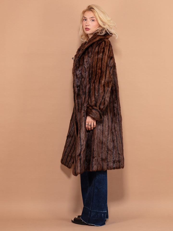 Vintage 60's Women Real Fur Overcoat in Striped Brown - NorthernGrip