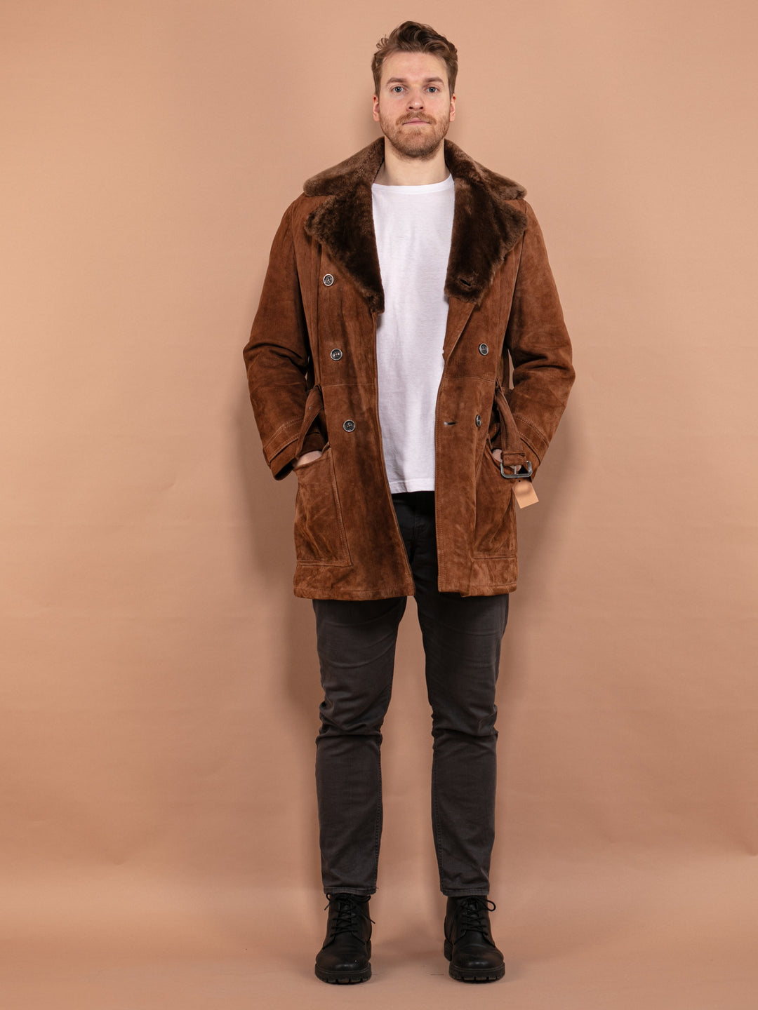 Vintage 70's Men Belted Suede Sherpa Coat in Brown - NorthernGrip