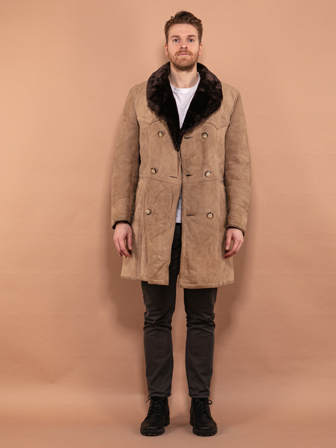 Vintage 70's Men Sheepskin Coat in Beige - NorthernGrip