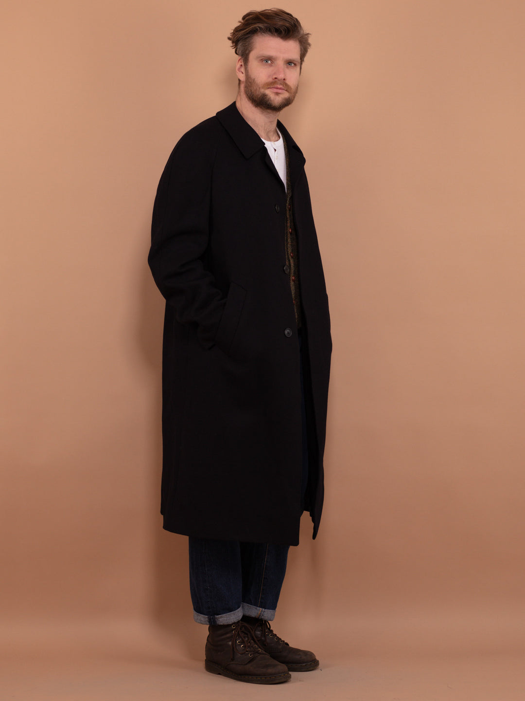 Vintage 70's Men Long Wool Topcoat in Navy Blue - NorthernGrip