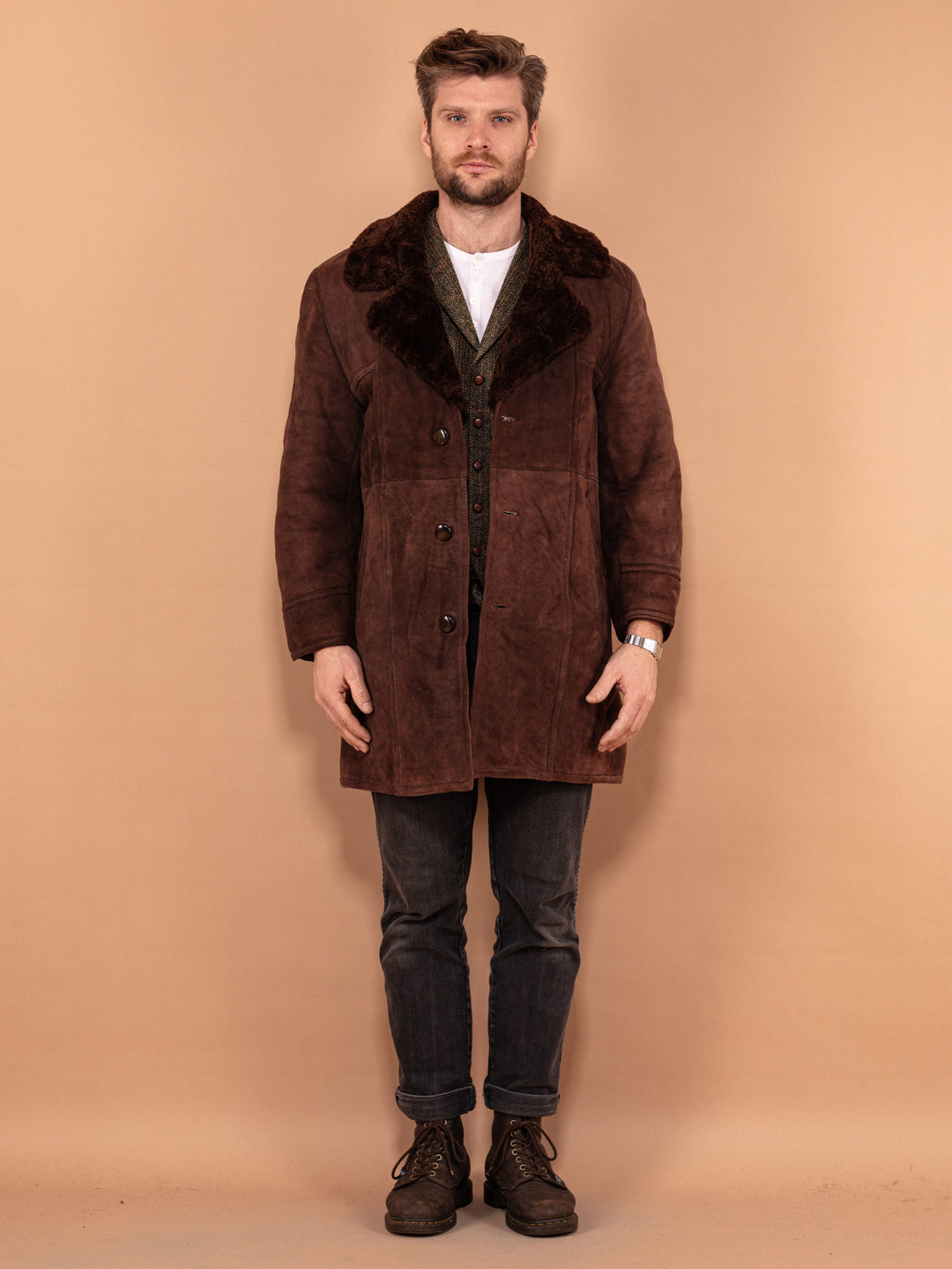 Vintage 70's Men Classic Sheepskin Coat in Brown - NorthernGrip
