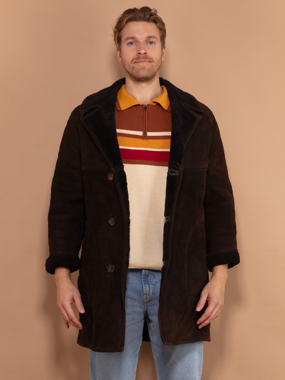 Vintage 70's Men Sheepskin Suede Coat in Dark Brown - NorthernGrip
