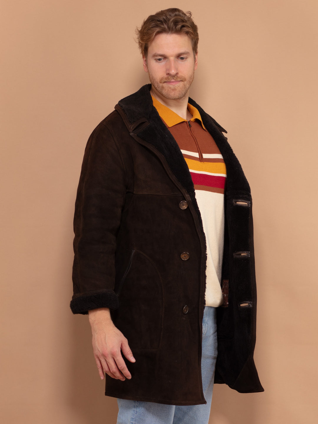 Vintage 70's Men Sheepskin Suede Coat in Dark Brown - NorthernGrip