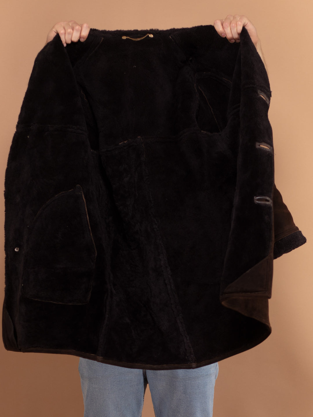 Vintage 70's Men Sheepskin Suede Coat in Dark Brown - NorthernGrip