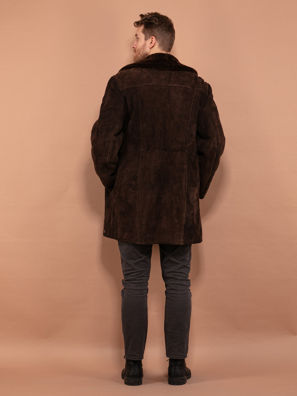 Vintage 70's Men Sheepskin Suede Coat in Dark Brown - NorthernGrip