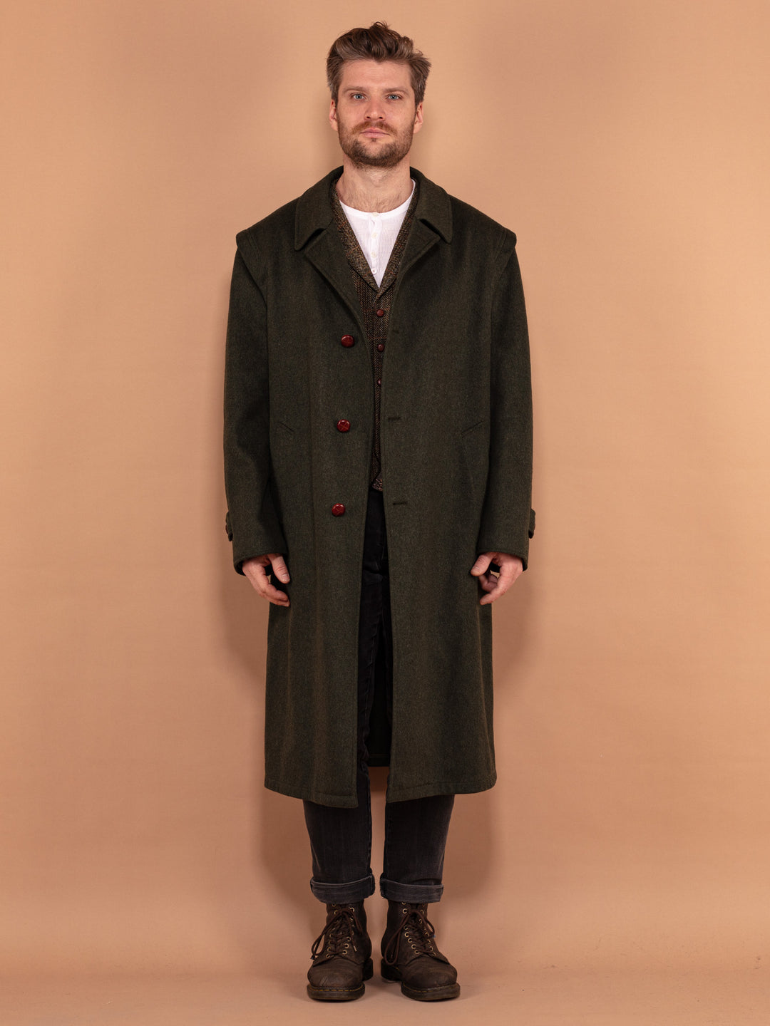 Vintage 70's Men Long Wool Topcoat in Green - NorthernGrip