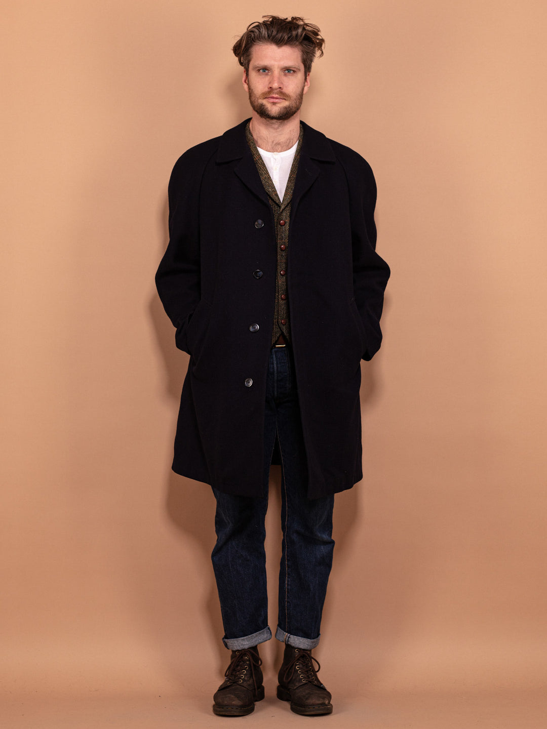 Vintage 70's Men Minimalist Wool Coat in Navy Blue - NorthernGrip