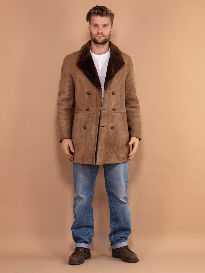 Vintage 70's Men Shearling Suede Coat in Brown - NorthernGrip