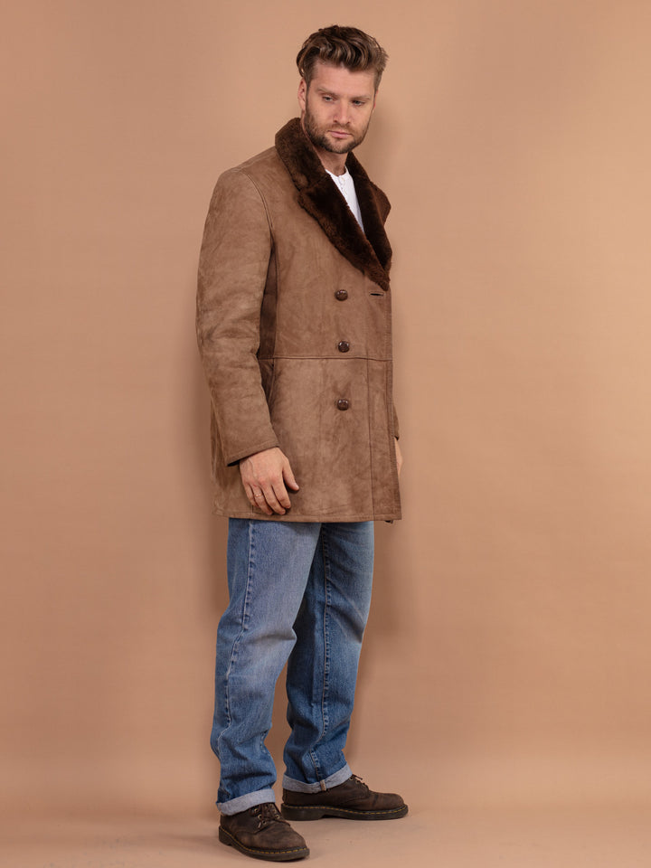 Vintage 70's Men Shearling Suede Coat in Brown - NorthernGrip