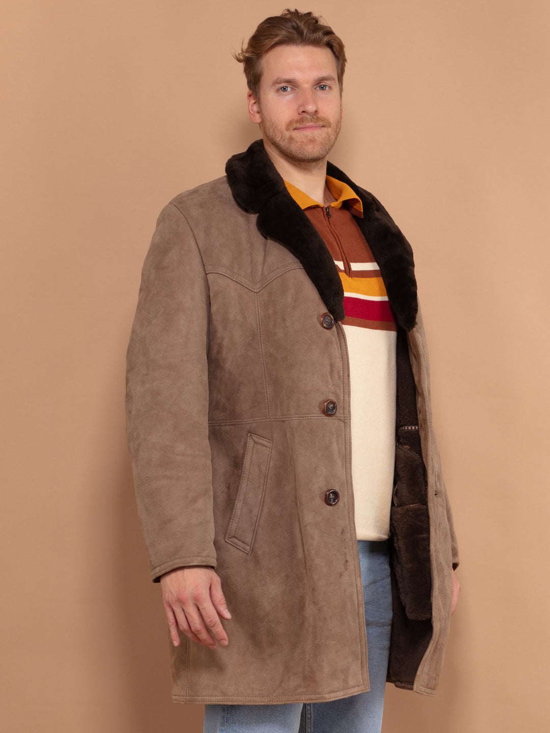 Vintage 70's Men Boho Sheepskin Coat in Brown - NorthernGrip