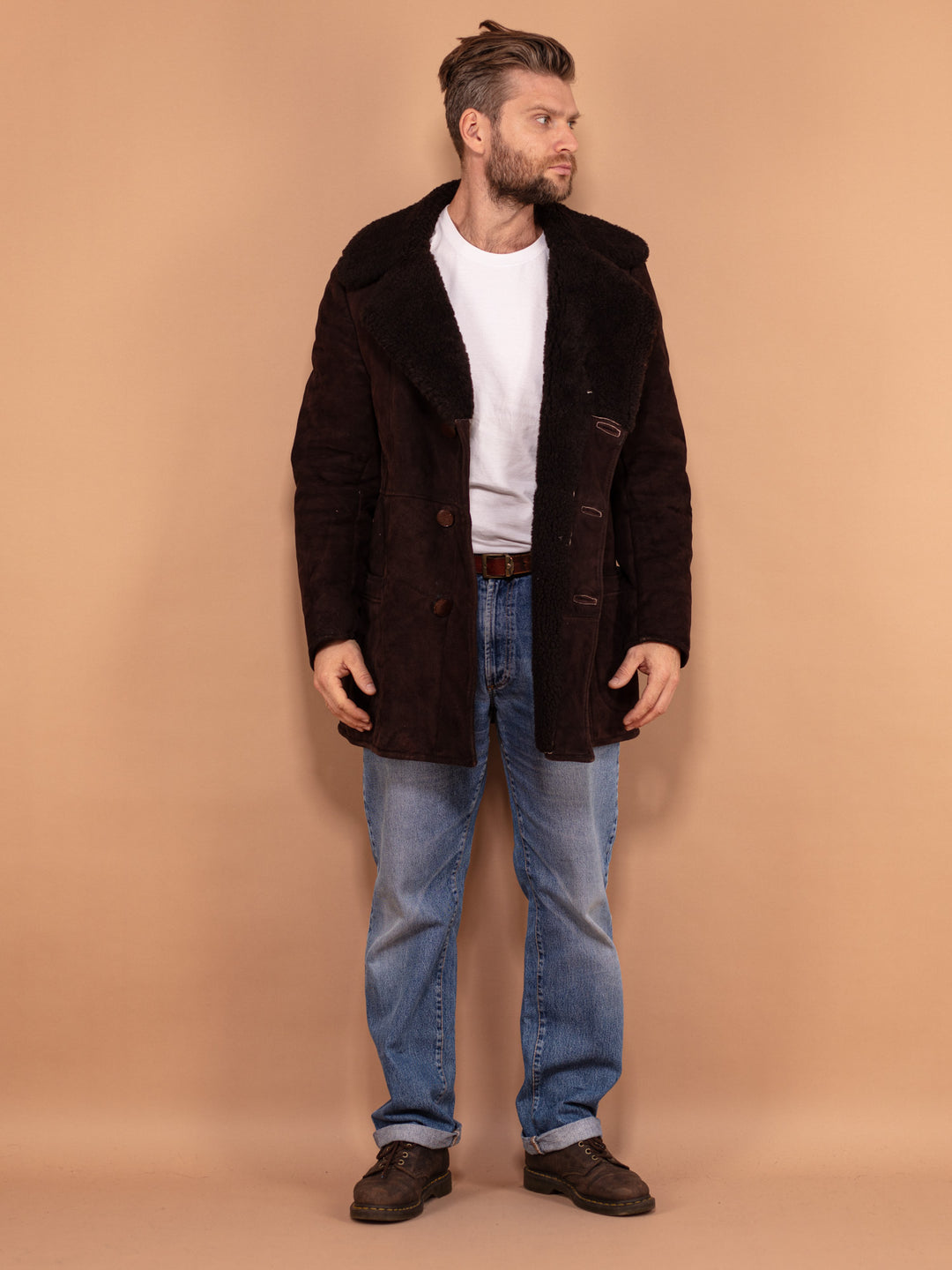 Vintage 70's Men Sheepskin Coat in Dark Brown - NorthernGrip