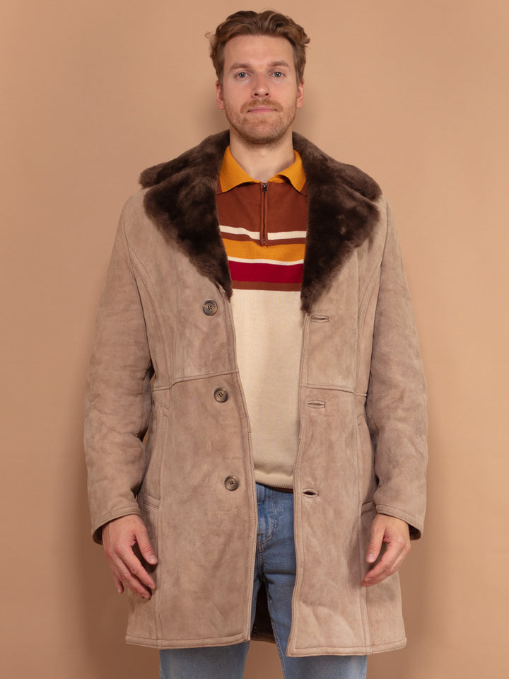 Vintage 70's Men Sheepskin Suede Coat in Beige - NorthernGrip
