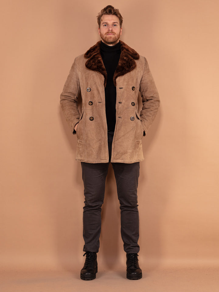 Vintage 70's Men Sheepskin Suede Coat in Beige - NorthernGrip