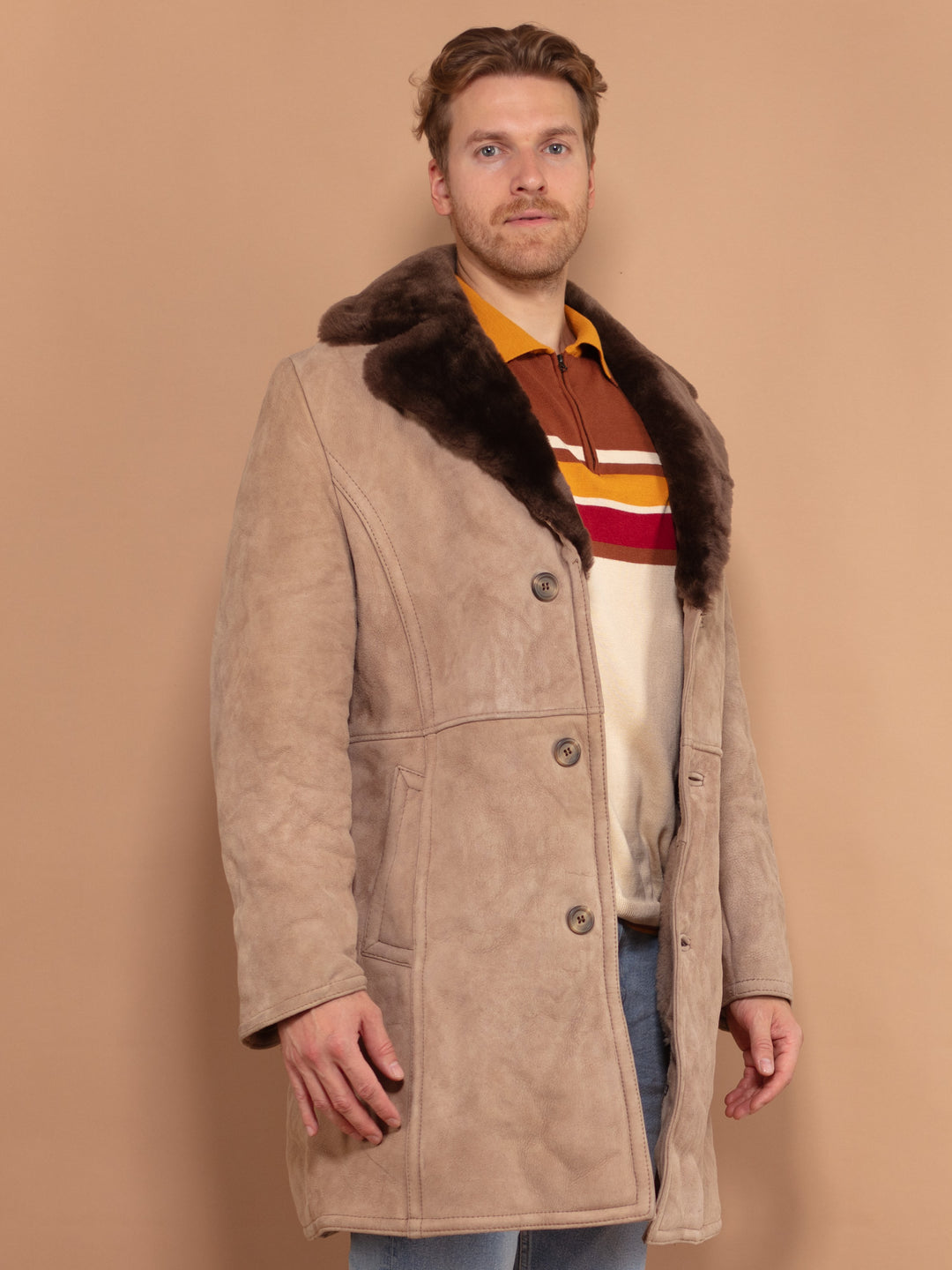 Vintage 70's Men Sheepskin Suede Coat in Beige - NorthernGrip