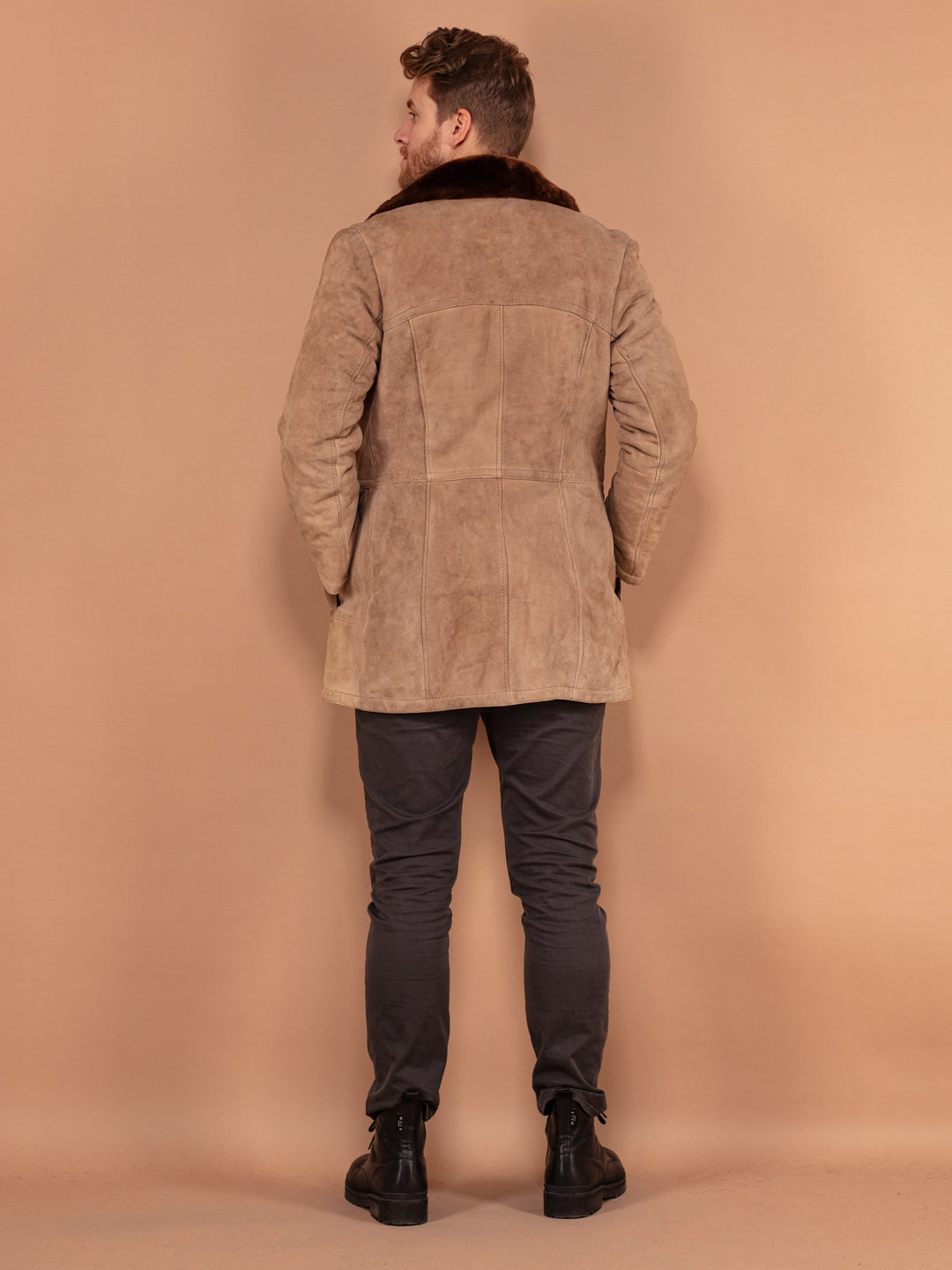 Vintage 70's Men Sheepskin Suede Coat in Beige - NorthernGrip