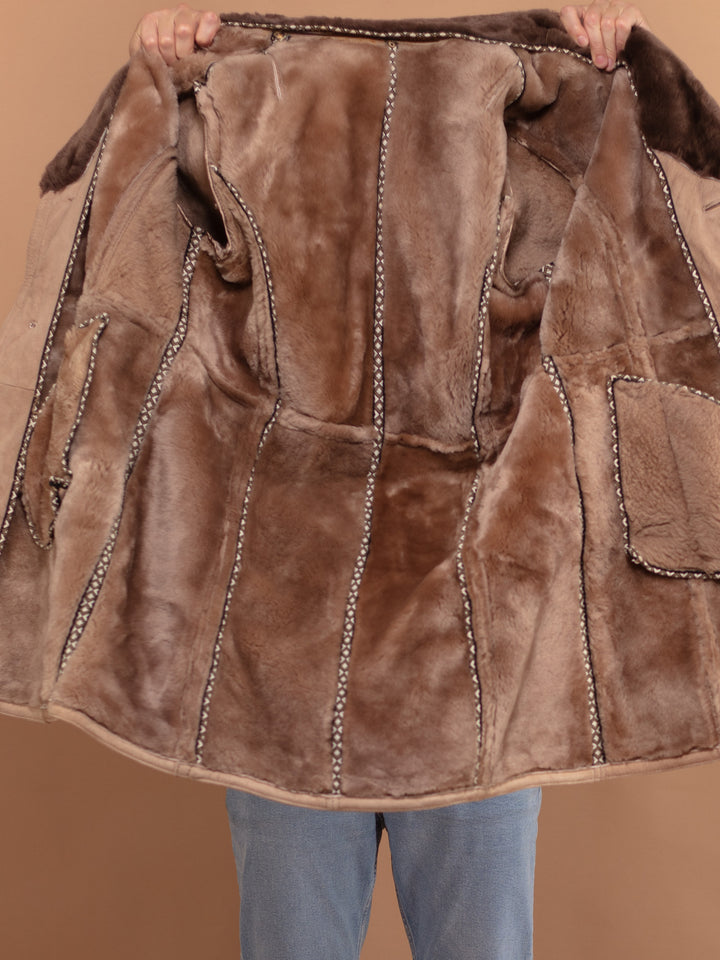 Vintage 70's Men Sheepskin Suede Coat in Beige - NorthernGrip