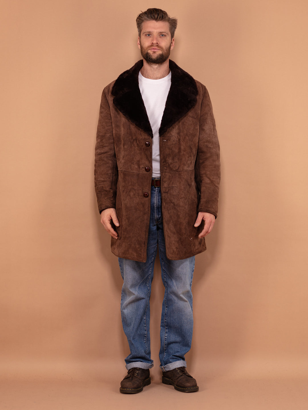 Vintage 70's Men Shearling Suede Coat in Brown - NorthernGrip